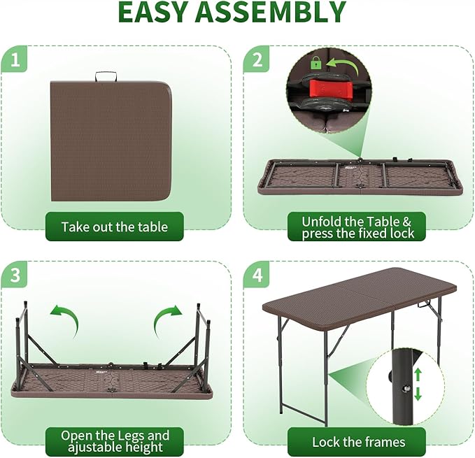 BestOffice 4 FT Picnic Table Folding Table Camping Plastic Table Fold Up Table Lock for Party Event, Brown Ratten