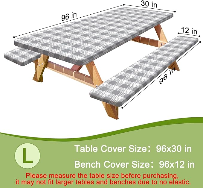 Picnic Table Cover with Bench Covers Portable Table Cloth Built-in Storage Pocket Fitted Tablecloth with Elastic Edges Waterproof Camping Essentials for Indoor Outdoor Rv,96in,Light Grey