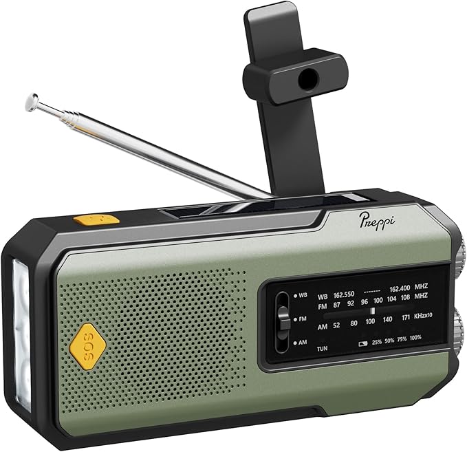 【Preppi】 Emergency Hand Crank Solar Weather Radio Portable Power Bank, 2000mAh Battery Operated, SOS Alarm, AM/FM & LED Flashlight