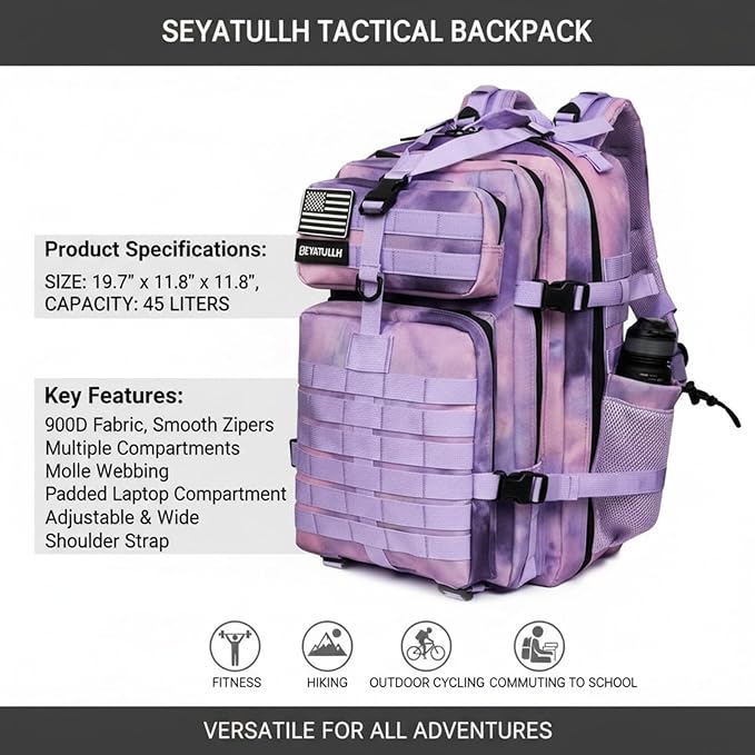 45L Military Tactical Backpack for Men & Women Bug Out Bag Assault pack Molle Daypack Hiking Trekking Rucksack (2.0 side pockets (cloud purple))
