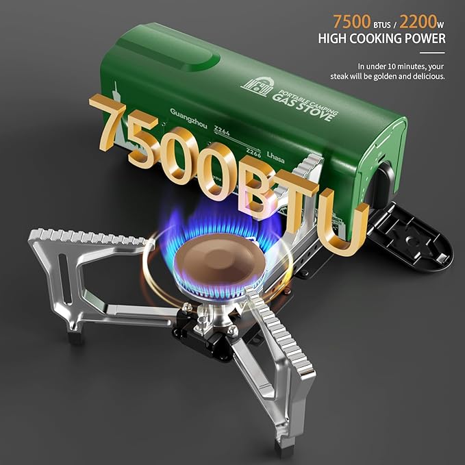 INFOOD Portable Butane Gas Camping Stove - 7500 BTU Compact Folding Design with Carry Bag for Backpacking, RV Trips, Picnic & Outdoor Indoor Cooking, Green