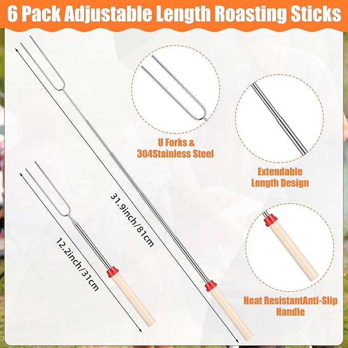 Patelai 8 Pcs Camping Gear Campfire Accessories Include 6 Pcs 32" Smores Sticks for Fire Pit 32" Campfire Poker 25" Fireplace Tong, Roasting Sticks Camping Essentials Hot Dog Fork Tools