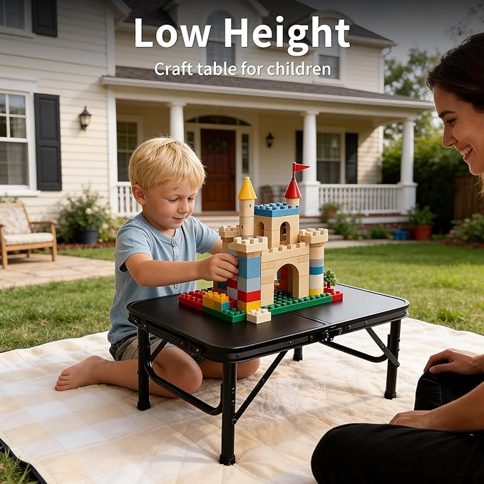 2FT Small Camping Portable Table, Black Aluminum Frame, Adjustable Height up to 21", Lightweight Carry Handle, Portable for Travel, Camping Outdoor Use