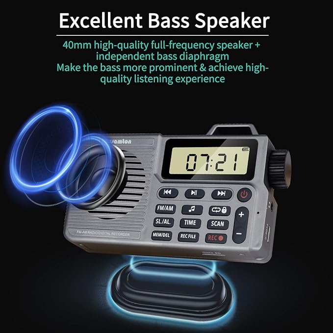 Portable AM/FM Radio, Small Pocket Radio with Bass Speaker, Support Micro SD Card and Record, Long Battery Life, Alarm and Sleep Function