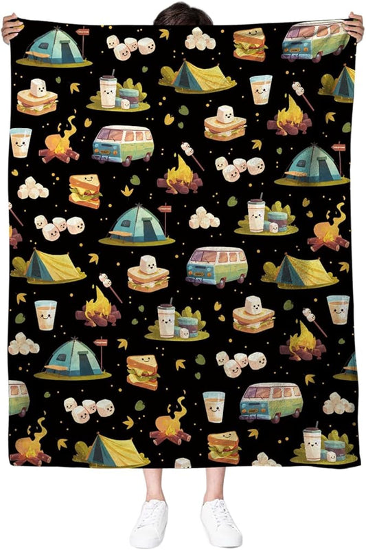 Marshmallow Blanket, Camping Blanket, Gifts for Camping Lovers, Cute S'Mores Blanket, Christmas Camping Gifts for Couples, 50" X 60" Marshmallow Cookie Blankets Birthday Christmas