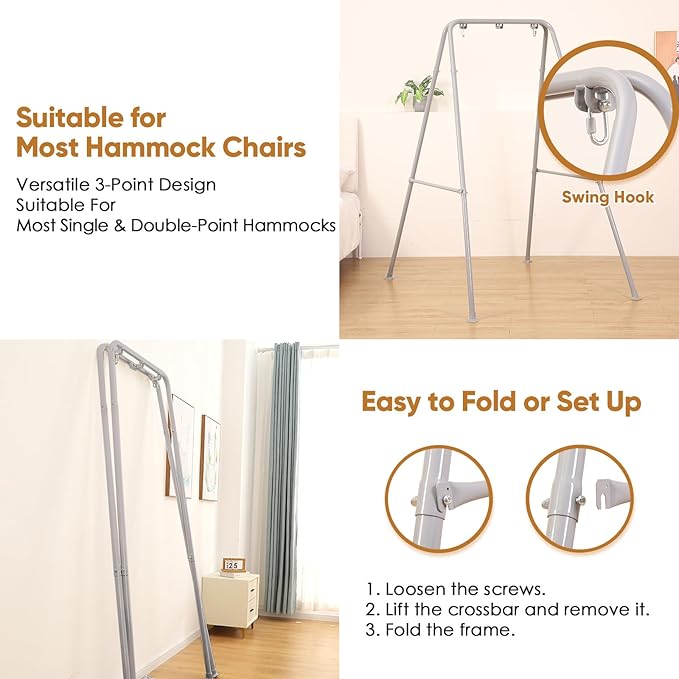 Foldable Hammock Stand, Portable Hammock Chair Stand, 300 lbs Capacity, Heavy Duty Folding Hammock Frame for Indoor or Outdoor, Easy to Assemble & Store (Hammock Chair not Included) - Grey