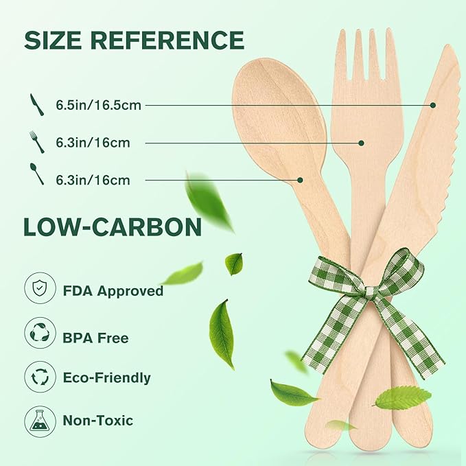 400PCS Eco-Friendly Disposable Wooden Utensil Set – Compostable Biodegradable Wooden Cutlery Set (200 Forks, 100 Spoons, 100 Knives) for Parties, Camping, traveling & Family Dinners