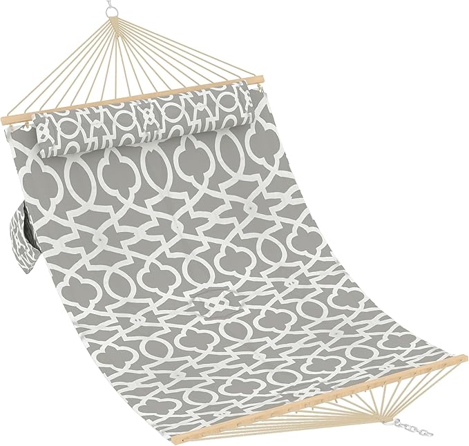 Hammocks 12 FT Double Quilted Fabric Hammock with Spreader Bar and Detachable Pillow, 2 Person Hammock for Outdoor Patio Backyard Poolside, 450lbs Weight Capacity