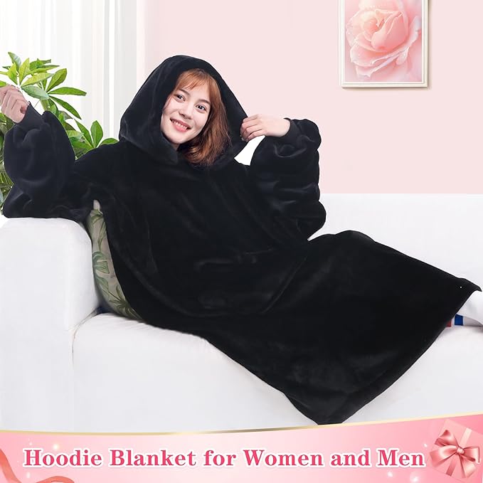 Waitu Wearable Blanket Sweatshirt Gifts for Women and Men, Warm and Cozy Giant Blanket Hoodie, Thick Flannel Blanket with Sleeves and Giant Pocket - Black