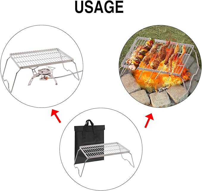 REDCAMP Large Folding Campfire Grill Grate, 304 Stainless Steel Heavy Duty Portable Camping Grill with Carrying Bag for Outdoor Cooking Backpacking Hiking Picnics BBQ
