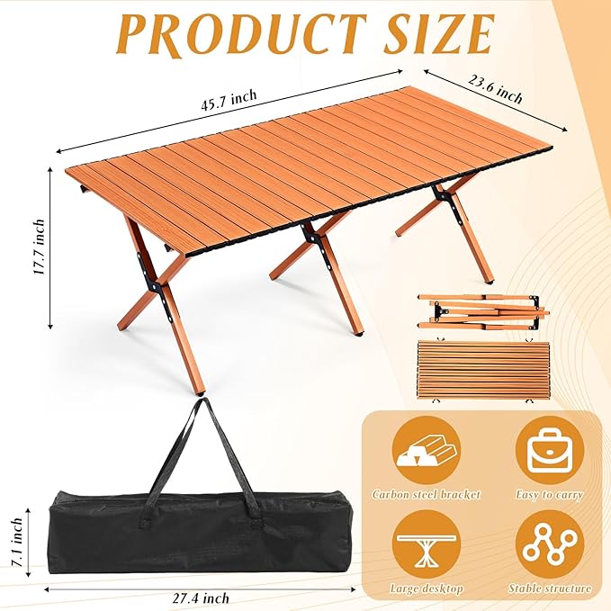 Suzile 2 Pack 4FT Folding Camping Table, Roll Up Portable Camp Table with Carry Bag, Low Collapsible Lightweight Aluminum Outdoor for Camping, Picnic, Beach, Patio, Kitchen(Nut Brown)