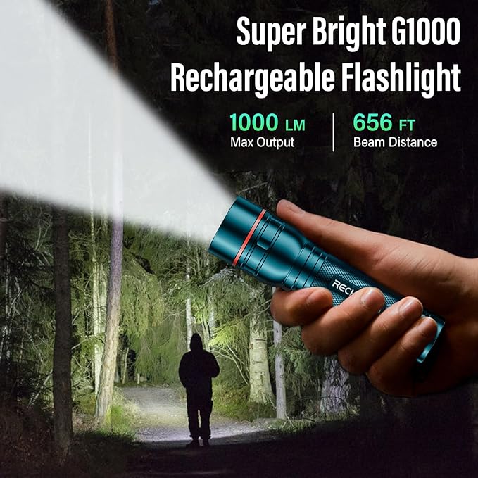 RECHOO Rechargeable Flashlight 2 Pack, Bright Military Grade Torch Light High Lumens with Adjustable Focus & 3 Lighting Modes, Lightweight Waterproof Led Flashlight for Camping Home, Teal Blue