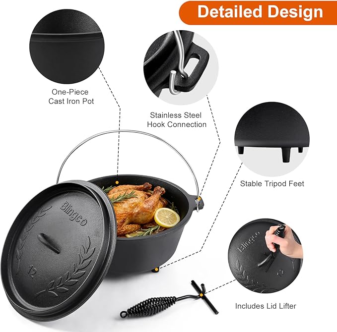8QT Pre-Seasoned Cast Iron Camp Dutch Oven with Lid, Large Camping Dutch Oven Pot with Tripod Stand, incl. Lid Lifter - Dual Handles - for Outdoor Campfire, Grill, Oven & Stovetop Cooking-Black