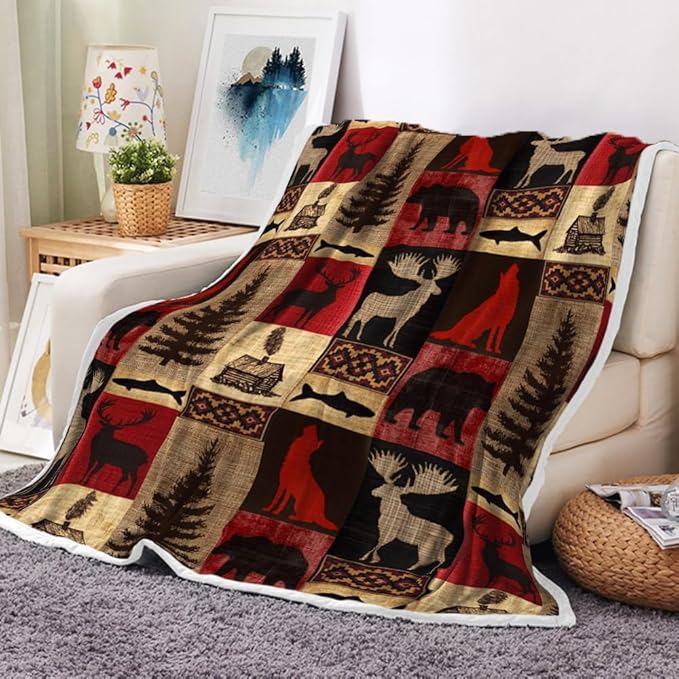Torich Rustic Cabin Throw Blankets, Country Vintage Bear Moose Wood Cozy Warm Bed Couch Blanket, Farmhouse Hunting Camping Forest White Fleece Flannel Throws to Decorate The Room and Bedroom