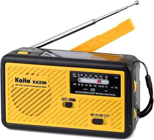 Kaito Voyager ECO Emergency Radio KA336 AM/FM NOAA Weather Alert 5-Way Powered Solar Crank Radio Receiver with LED Flashlight and USB Mobile Phone Charger Yellow