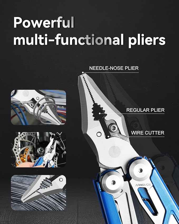 Multitool 15-in-1 Stainless Steel Multi Tool Pliers with Knife, Spring-Action Pliers and Scissors, Multitool for Survival, Camping, Hiking, Gifts for Men (Blue)