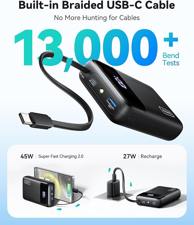 INIU 20000mAh Power Bank, Small Portable Charger, 45W PD Fast Charging Battery Pack with Build in USB-C Cable, Travel Phone Charger for iPhone 17 16 15 14 13 Air Samsung S25 S24 Google iPad Xiaomi etc