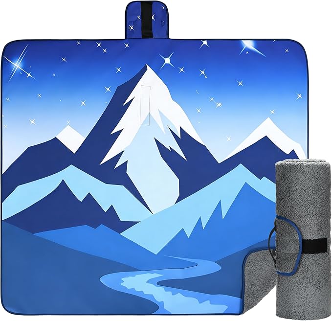 Tirrinia Waterproof Outdoor Blanket, Warm Windproof Stadium Blankets with Sherpa Lining, Foldable Camping Blanket, Emergency Blanket with Mountain Landscape Design for Car, Beach, Picnic, Hiking