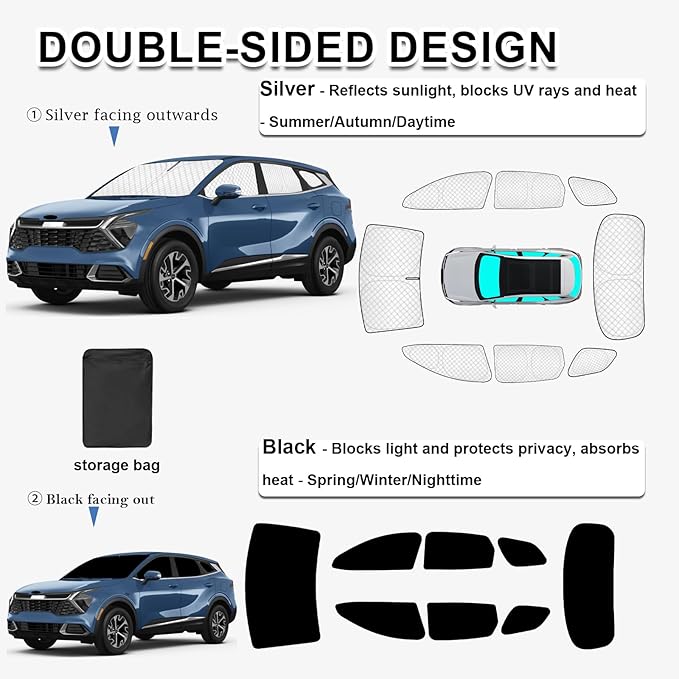 KMF 8pcs Thicken Sun Shades for KIA Sportage 2023-2025 2026 Accessories, Custom Fit Full Car Window Covers for Windshield Side Rear, UV Block and Blackout Privacy for Camping Outdoor
