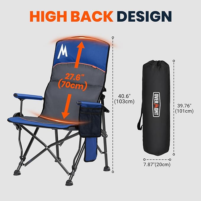 Overmont Heated Camping Chair with High Back - 3 Heat Levels 2-Zone Separately Heating - 450 LBS Support Heavy Duty Folding Chair Portable for Adults Patent No.: US D1.028.543S - Battery NOT Included