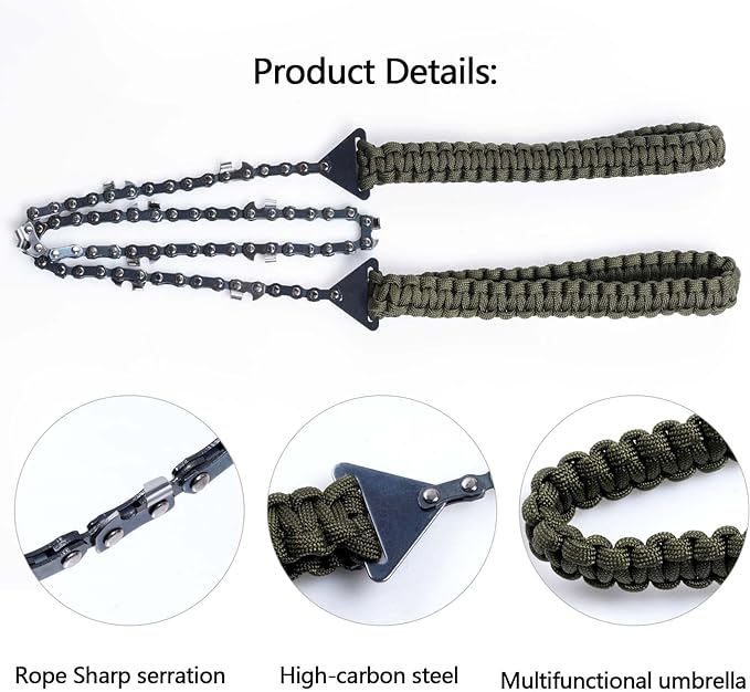 Sucrain Pocket Chainsaw with Paracord Handle, Folding Chain Hand Saw, Emergency Outdoor Survival Gear for Camping, Hunting, Hiking, Cutting Wood & Tree (Army Green, 11 Teeth, 24'' Long)