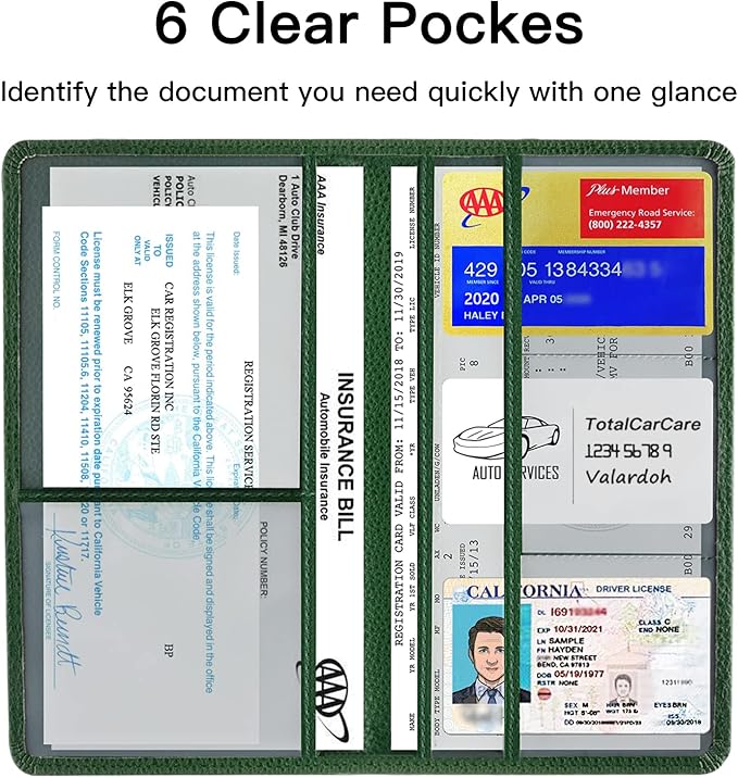 Valardoh Premium Car Registration and Insurance Card Holder, Car Document Holder for Cards, Driver License & other Essential Documents (Dark Green)