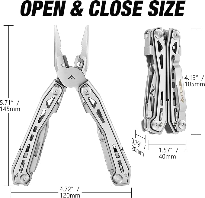 FLISSA 16-in-1 Stainless Steel Multi Tool, Gifts for Men, EDC Multitool with Pocket Knife, Pliers, Belt Clip and Oxford Sheath, Self-locking Utility Multi-Tool for Camping Survival Outdoor