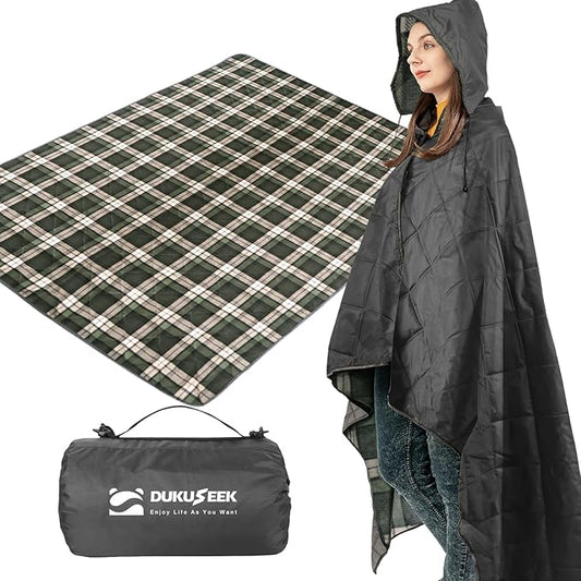 DUKUSEEK Waterproof Stadium Blanket, Hooded Outdoor Blankets Waterproof Windproof for Cold Weather, Emergency Warm Blanket with Quilted Cotton and Thick Fleece for Picnic, Camping, Outdoor Sports