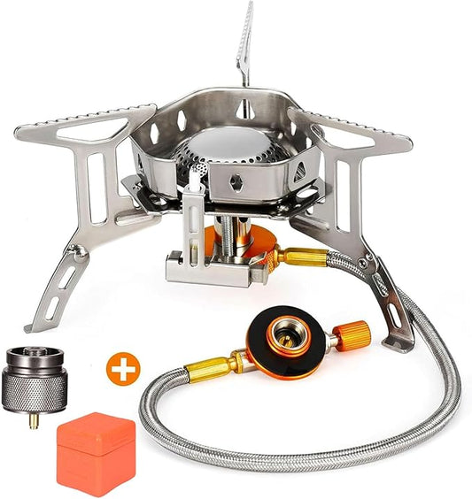 Portable Backpacking Stove with Piezo Ignition Windproof Camping Gas Stove Camp Stove Foldable Burner with Propane Canister Adapter for Outdoor Camping Hiking Picnic