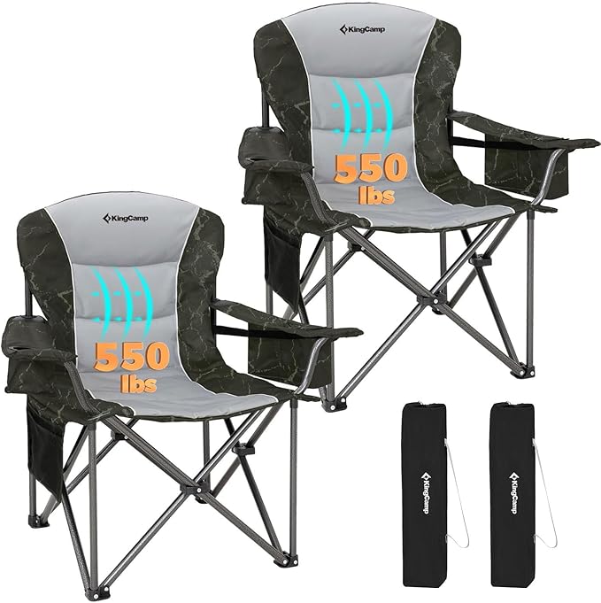 KingCamp Oversized Camping Folding Chair, Heavy Duty 450 LBS with Lumbar Support, Padded seat with Cup Holder&Cooler Bag, Ideal for Camp, Fishing, Sports Event, Backyard, Patio, Lawn