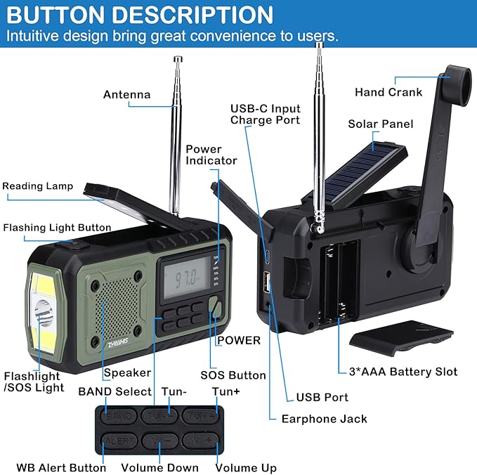 ZHIWHIS Emergency Radio, NOAA Weather/AM/FM Portable Hand Crank Solar Radios with SOS Alarm, Battery Powered and Built-in 5000mAh Li-Battery, Flashlight/Reading Lamp/Alerts for Emergencies ZWS-376