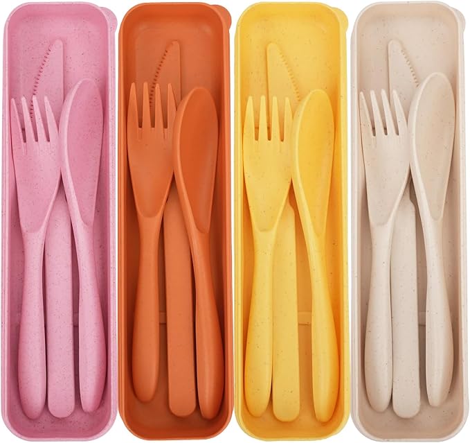 Knives Spoons and Forks Set, Portable Cutlery Set, Reusable Flatware Set for 4, Utensils for Party, Travel, Work, Picnic, Camping or Daily Use（Pink, Orange, Yellow, Beige）