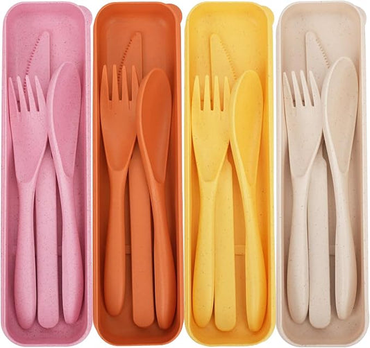 Knives Spoons and Forks Set, Portable Cutlery Set, Reusable Flatware Set for 4, Utensils for Party, Travel, Work, Picnic, Camping or Daily Use（Pink, Orange, Yellow, Beige）