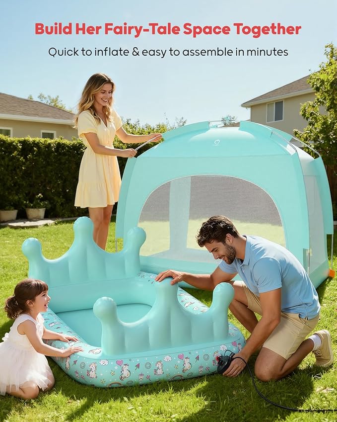 QPAU Princess Inflatable Toddler Bed with Tent, Blow Up Toddler Travel Bed with Sides, Portable Kids Air Mattress for Girls, Ideal for Home, Grandma’s, Camping & Sleepovers – Includes Electric Pump