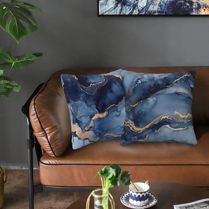 Marble Blue and Gold Throw Pillow Covers 18x18 inch Set of 2 Abstract Texture Pillow Case Cushion Cover for Home Sofa Couch Living Room Car Decor