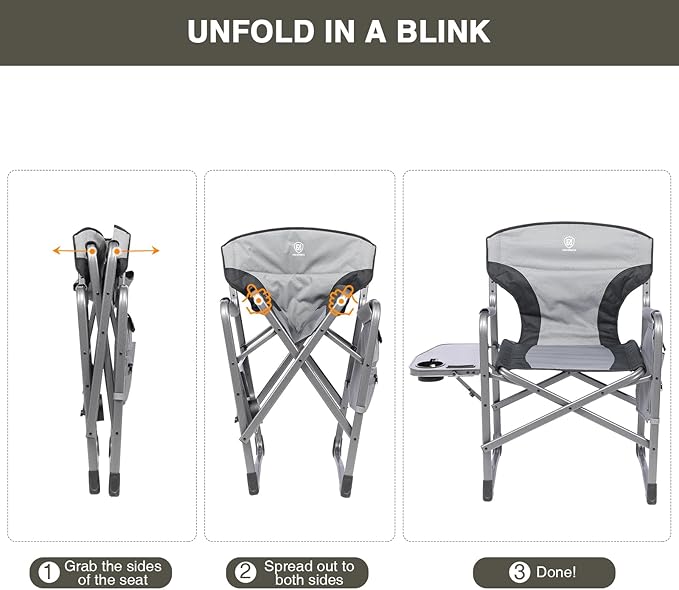 EVER ADVANCED Aluminum Lightweight Folding Director Chair, 350lbs Heavy Duty Camping Chair with Side Table & Storage, 19" Joint-Friendly Height Easy to Stand, Portable Makeup Artist & Vendor Chair