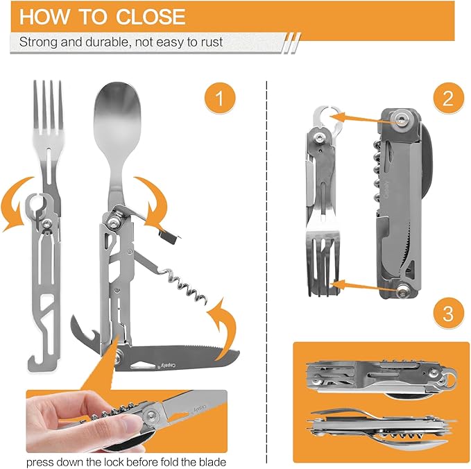 6-in-1 Detachable Camping Utensils Flatware Set, Folding Spoon Fork Knife Can Opener Combo, Stainless Steel Travel Utensil Set, Portable Cutlery Set for Travel Camping Hiking Picnic