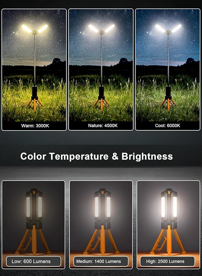 15000mAh Rechargeable Telescopic Camping Light, Portable Flashlight & Lantern with Reinforced Tripod Base, Height Adjustable Dimmable Tent Light, Power Bank for Outdoor BBQ, Hiking, Job Site, Orange
