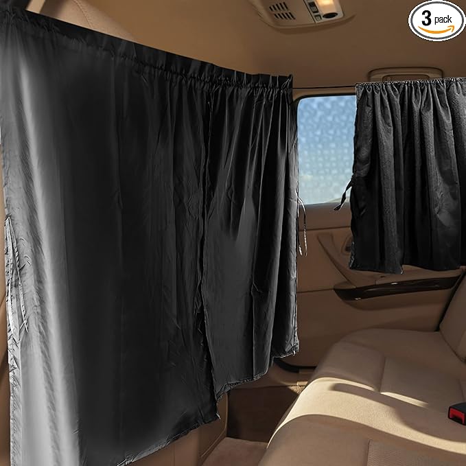 Set of 3 Privacy Curtains for Car, SUV, Van - Includes 1 Rear Seat Divider & 2 Side Windows Divider Curtains for Camping & Sleeping