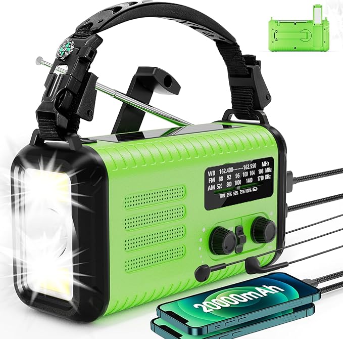 20000mAh 74000mWh Emergency Crank Radio, NOAA Weather Radio AM FM Hand Crank Solar Flashlight, Battery Operated Cell Phone Charger, USB Charging, Reading Lamp, SOS & Compass for Emergencies