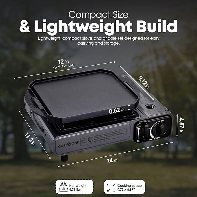 GasOne GS-1000G-KIT Butane Gas Stove with Flat Top Griddle Included – Butane Grill Tent Stove Burners for Cooking for Camping, Kitchen – Diecast Aluminum with Non Stick Coating