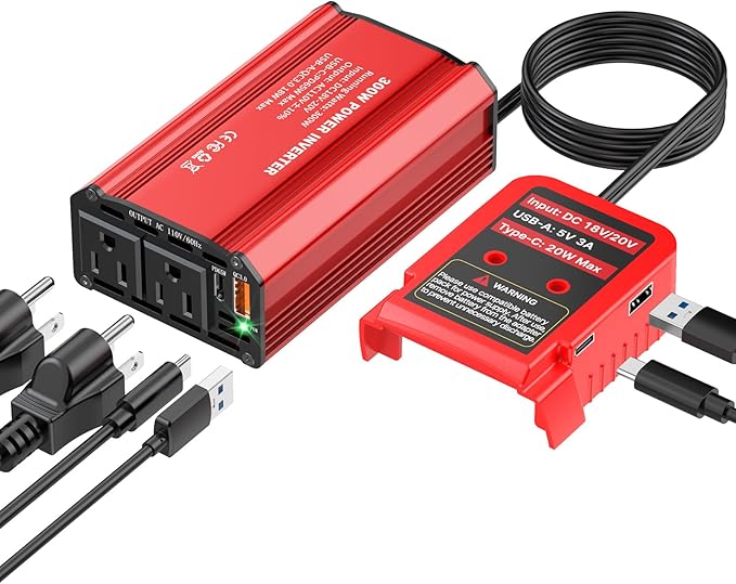 300W Power Inverter Compatible with Milwaukee M18 Battery, DC 18V to AC 110V Battery Converter with 2 AC Outlets & 1 Type-C PD 65W & 1 Type-C PD 20W & 2 USB A 18W Max (Battery Not Included)