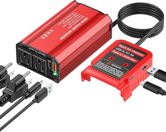 300W Power Inverter Compatible with Milwaukee M18 Battery, DC 18V to AC 110V Battery Converter with 2 AC Outlets & 1 Type-C PD 65W & 1 Type-C PD 20W & 2 USB A 18W Max (Battery Not Included)
