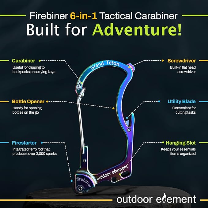 OUTDOOR ELEMENT Firebiner Custom Engraved 6-in-1 Fire Starter Carabiner Multitool – Survival Gear EDC Keychain with Utility Blade, Bottle Opener, Screwdriver, Emergency Tool