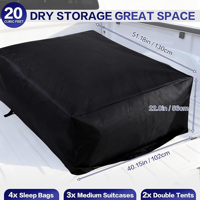Truck Bed Cargo Bag,Water Proof 1000D Heavy Duty Oxford Fabric, 26 Cubic Feet (51"x40"x22"), Soft Shell Storage with 6 Elastic Cords, Fits All Trucks