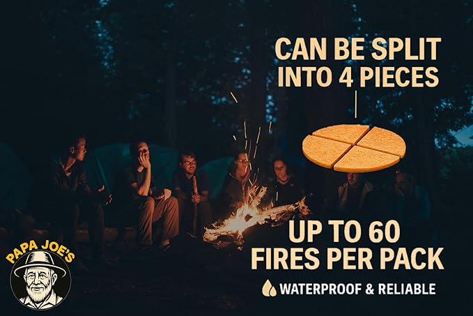 Papa Joe's 100% Waterproof Fire Starter (15 Disc) Up to 60 Fires | 8-10 Minute Burn Instant Light | Fire Pits, Grills, Survival | for Emergency Kits | Handmade in USA Camping Accessories