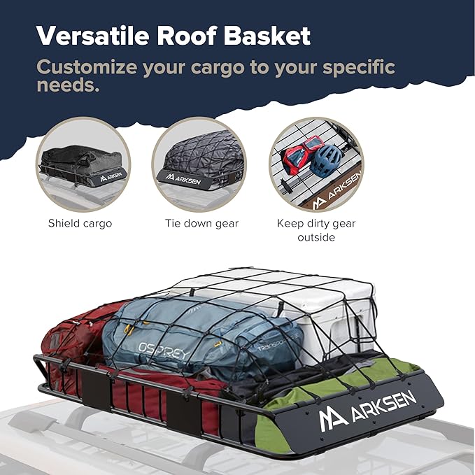 ARKSEN 54" x 34" x 6" Roof Rack Cargo Basket with Extension, 150 LBS Universal Heavy Duty Steel Rooftop Carrier with Cargo Net & Tie Down Straps for SUV, Truck, RV, Pickup