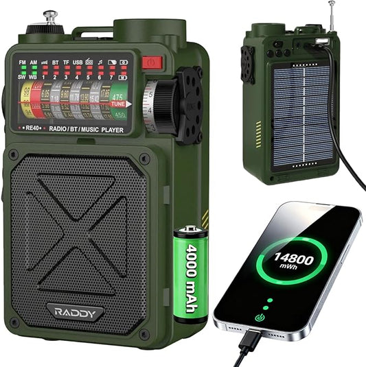 Raddy RE40 Portable Shortwave Radio FM/AM/SW/WB Receiver, 4000mAh Retro Emergency Radio with BT/USB/TF and NOAA Alerts, Pocket Radio with USB-C Rechargeable