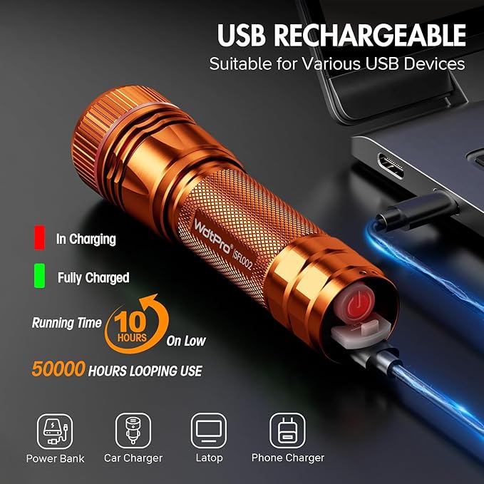 WdtPro Rechargeable Flashlights High Lumens, 2 Pack 10H Long Lasting Super Bright EDC Flashlight, LED Mini Tactical Flash Lights for Camping Emergency, Drop & Water Resistant Orange(Battery Included)