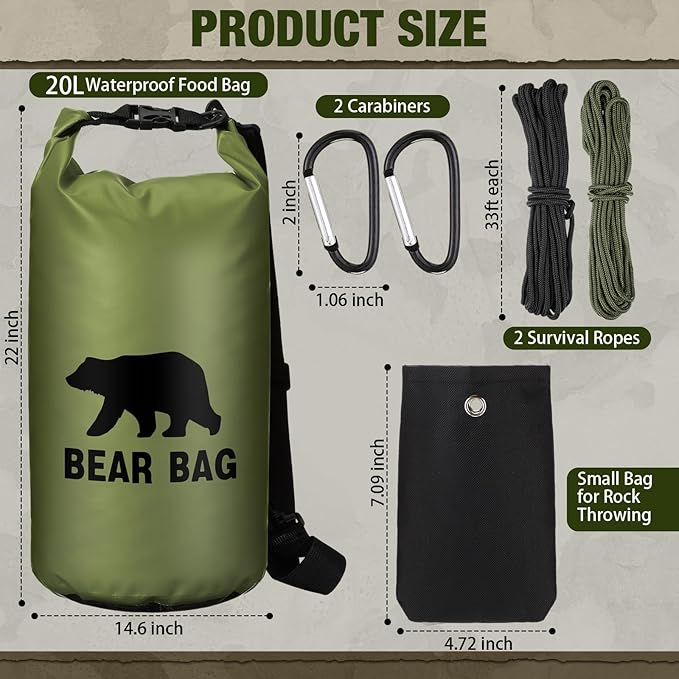 Foilswirl 1 Set Bear Food Bag for Camping Ultralight Food Hanging System Includes Waterproof Bear Bag, Nylon Ropes, Hooks for Camping Backpacking